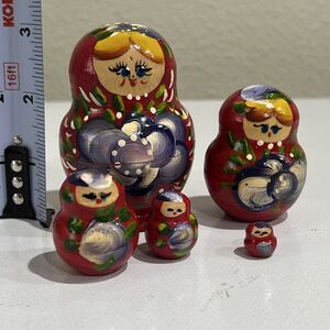 Vintage Russian Nesting Dolls Hand Painted Red 5 Piece